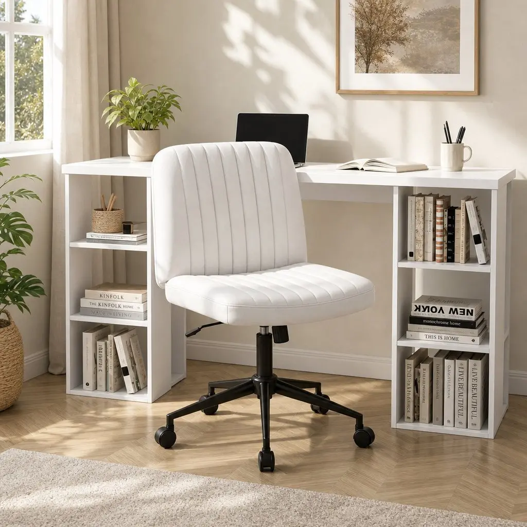 Office Desk and Chair Set White 150cm Ergonomic with 6 Storage Shelves