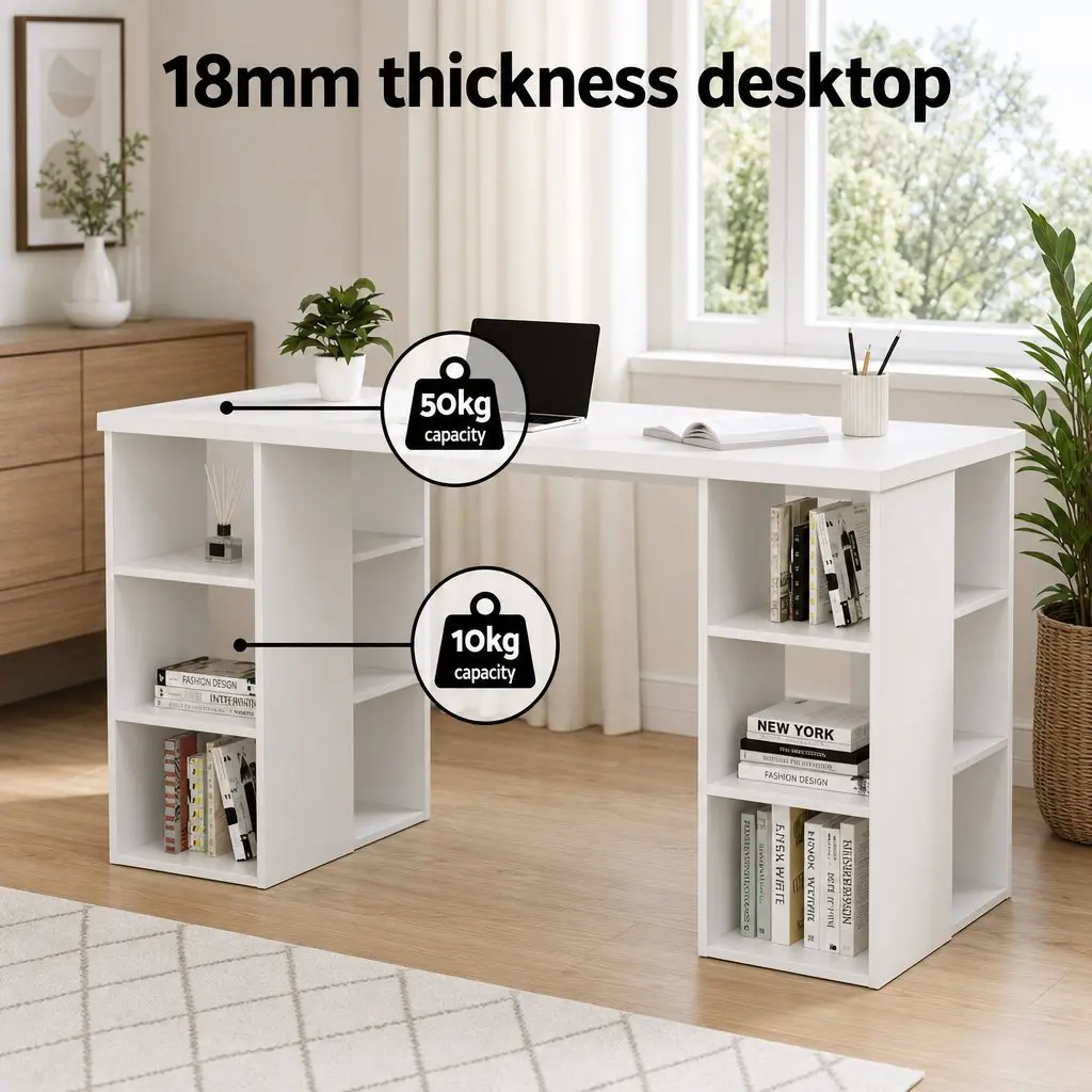 Office Desk and Chair Set White 150cm Ergonomic with 6 Storage Shelves