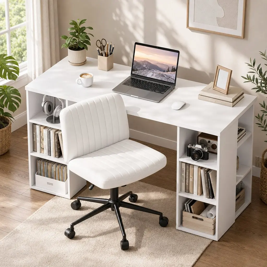 Office Desk and Chair Set White 150cm Ergonomic with 6 Storage Shelves