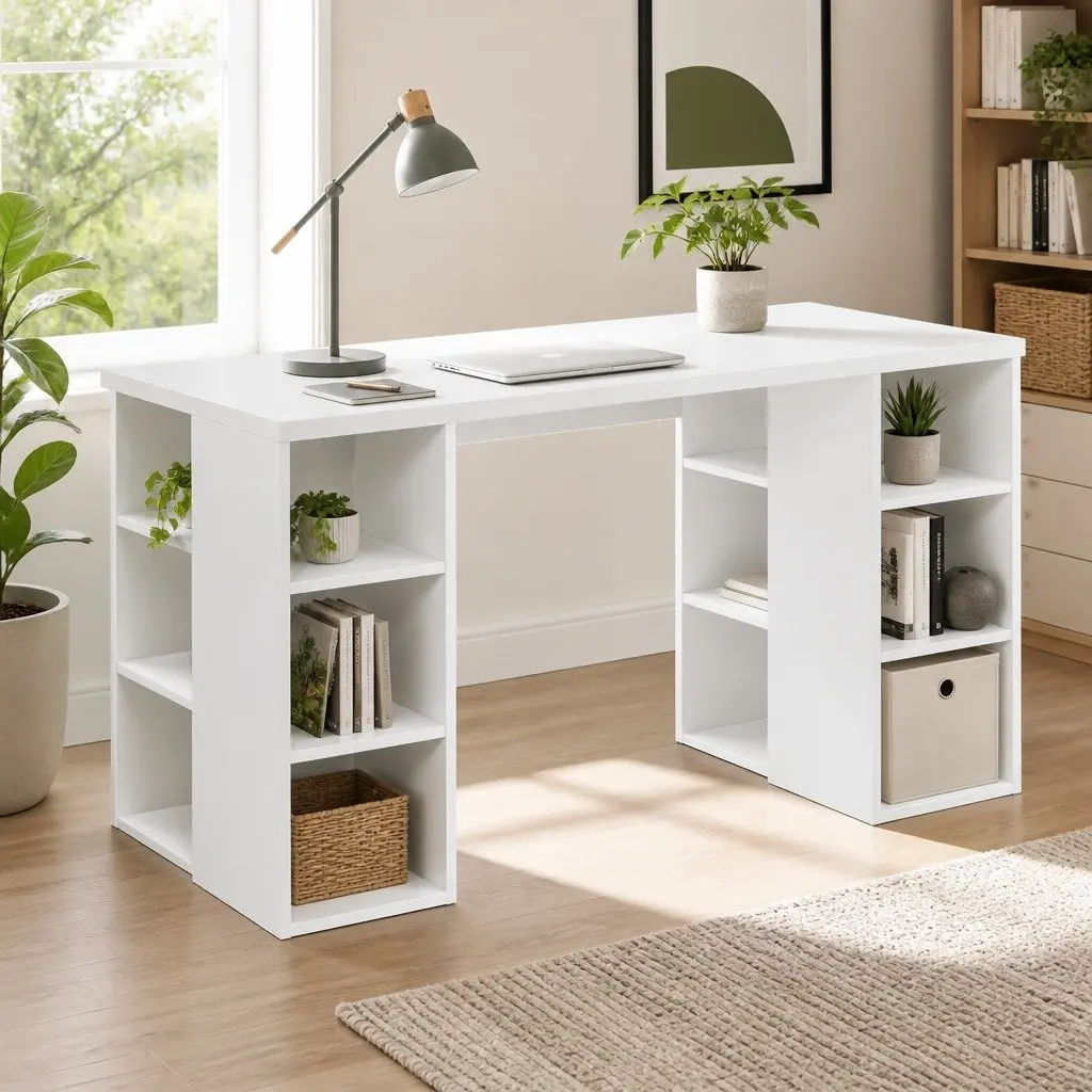 Computer Desk White 150CM Spacious Workstation with Dual 3-Tier Shelves