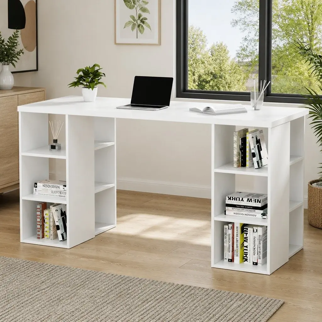 Computer Desk White 150CM Spacious Workstation with Dual 3-Tier Shelves