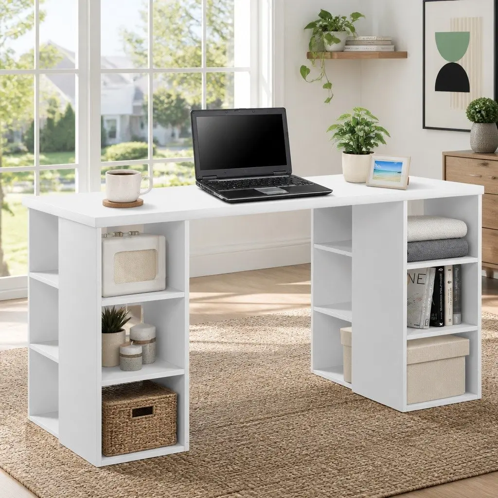 Computer Desk White 150CM Spacious Workstation with Dual 3-Tier Shelves