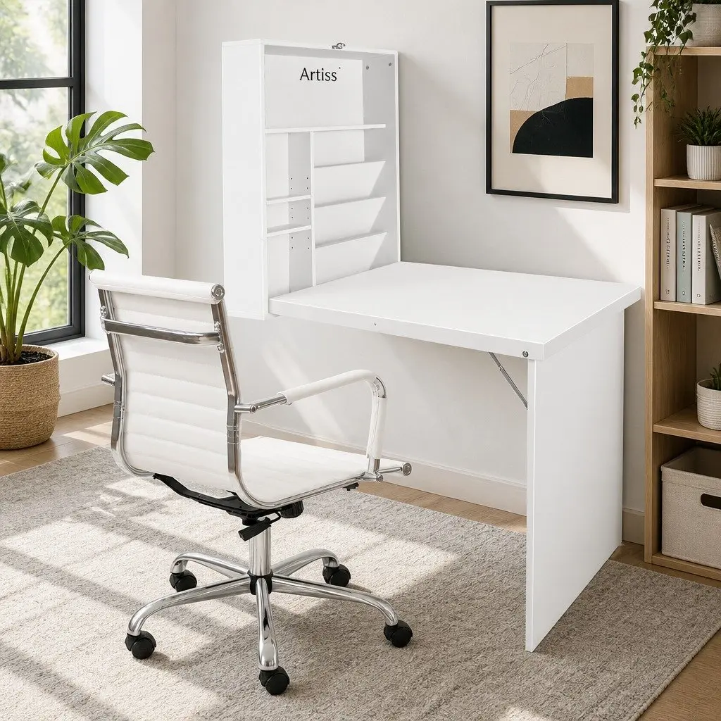 Foldable Computer Desk White with Office Chair Set Wall Mount Storage and Adjustable Shelves