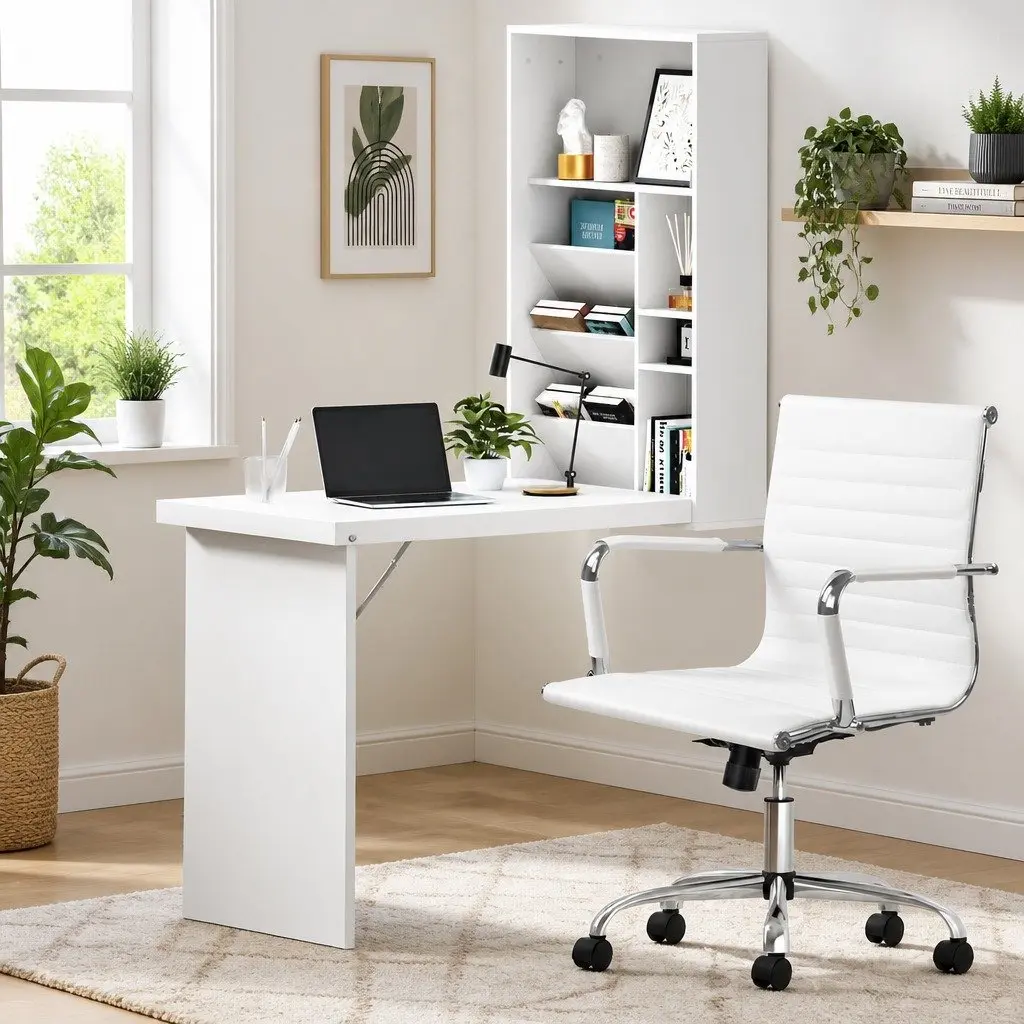 Foldable Computer Desk White with Office Chair Set Wall Mount Storage and Adjustable Shelves