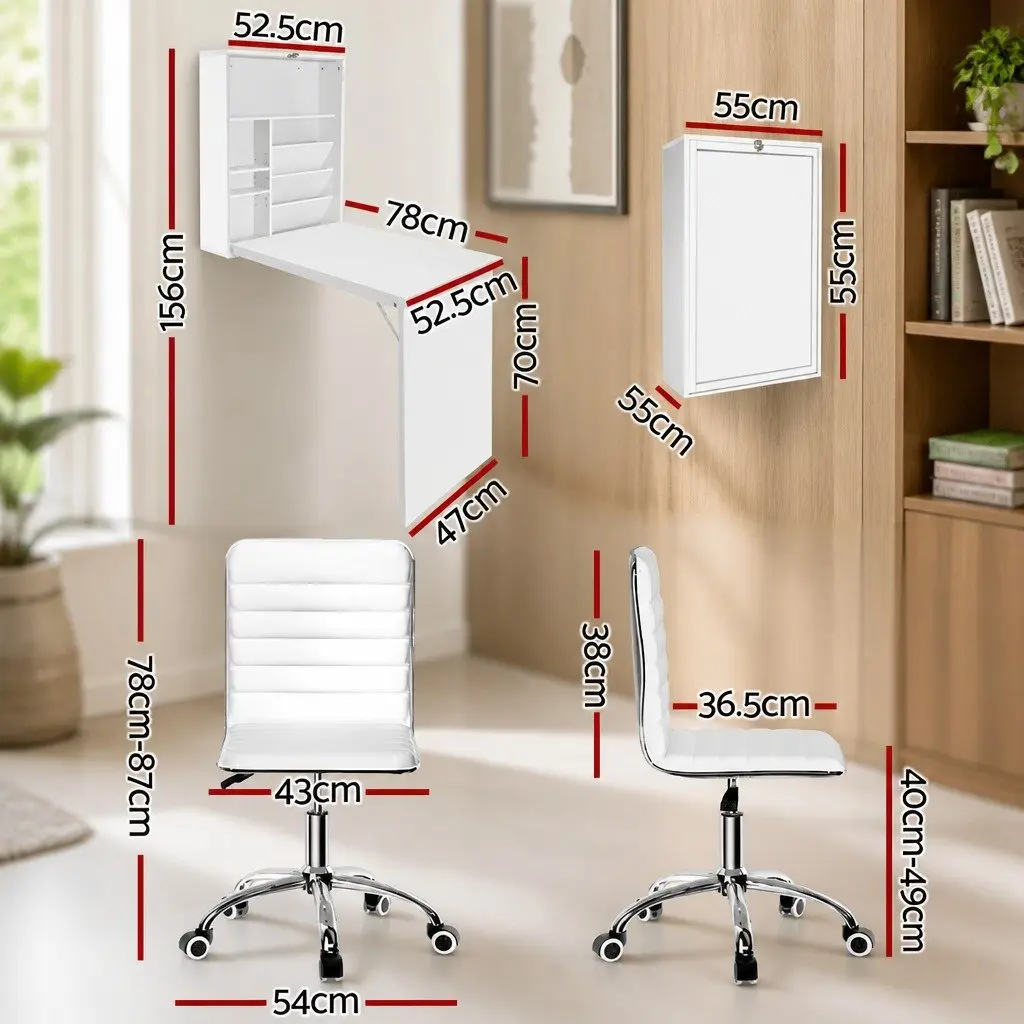Computer Desk Office Chair Combo Foldable Wall Mount Storage White Set