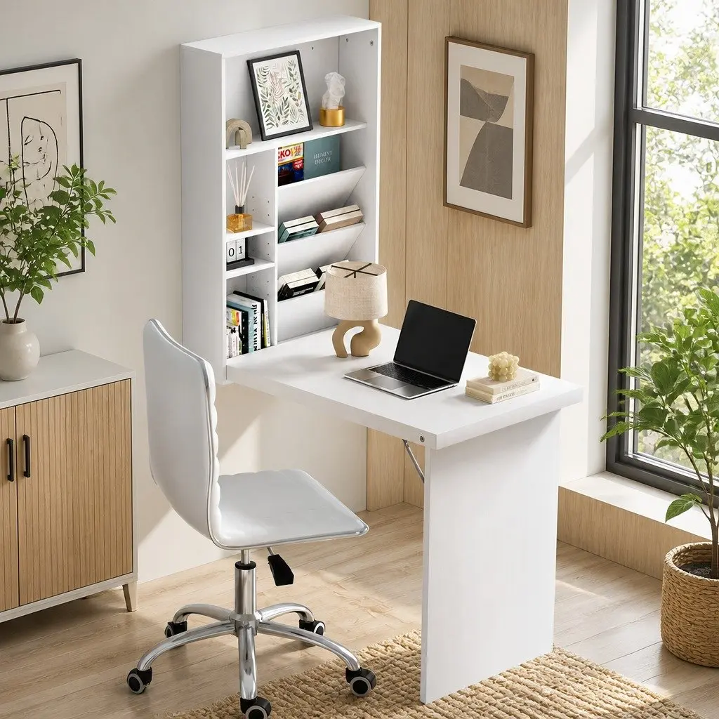 Computer Desk Office Chair Combo Foldable Wall Mount Storage White Set