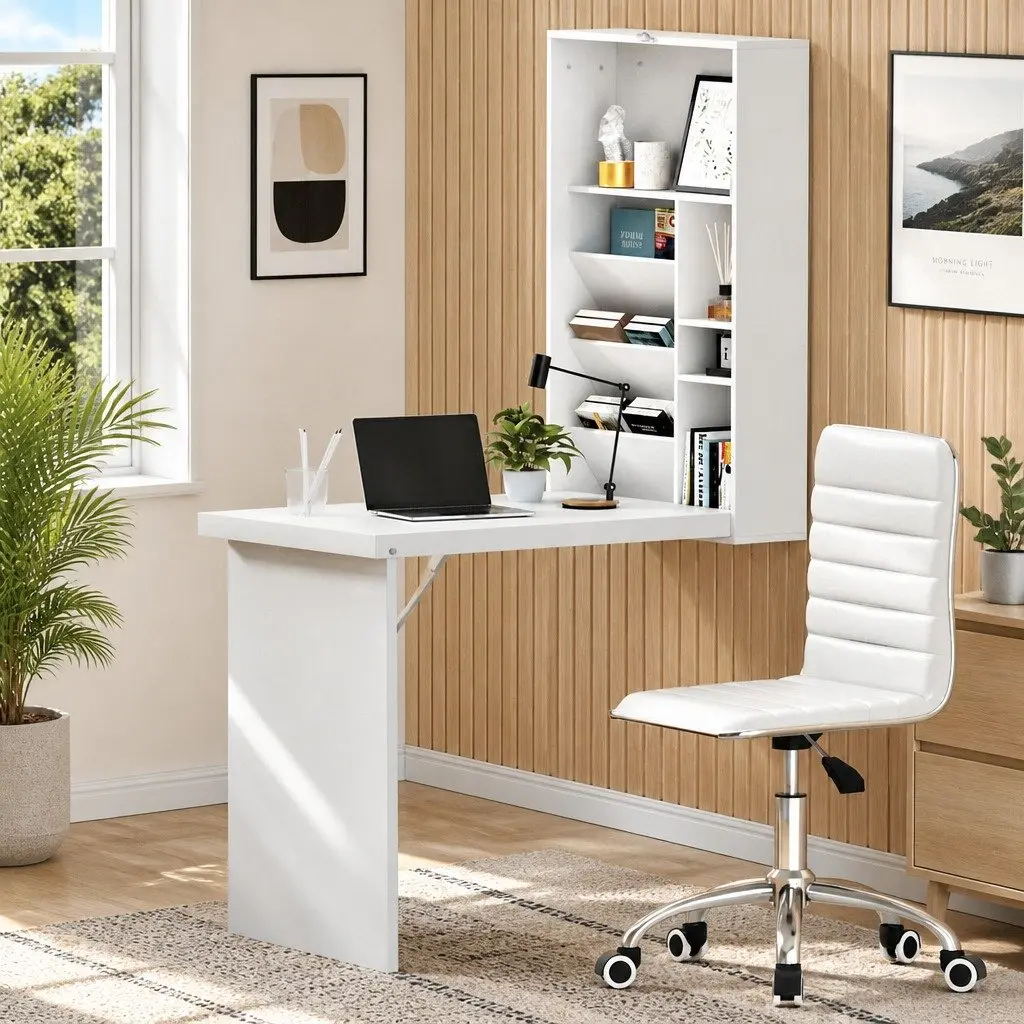 Computer Desk Office Chair Combo Foldable Wall Mount Storage White Set