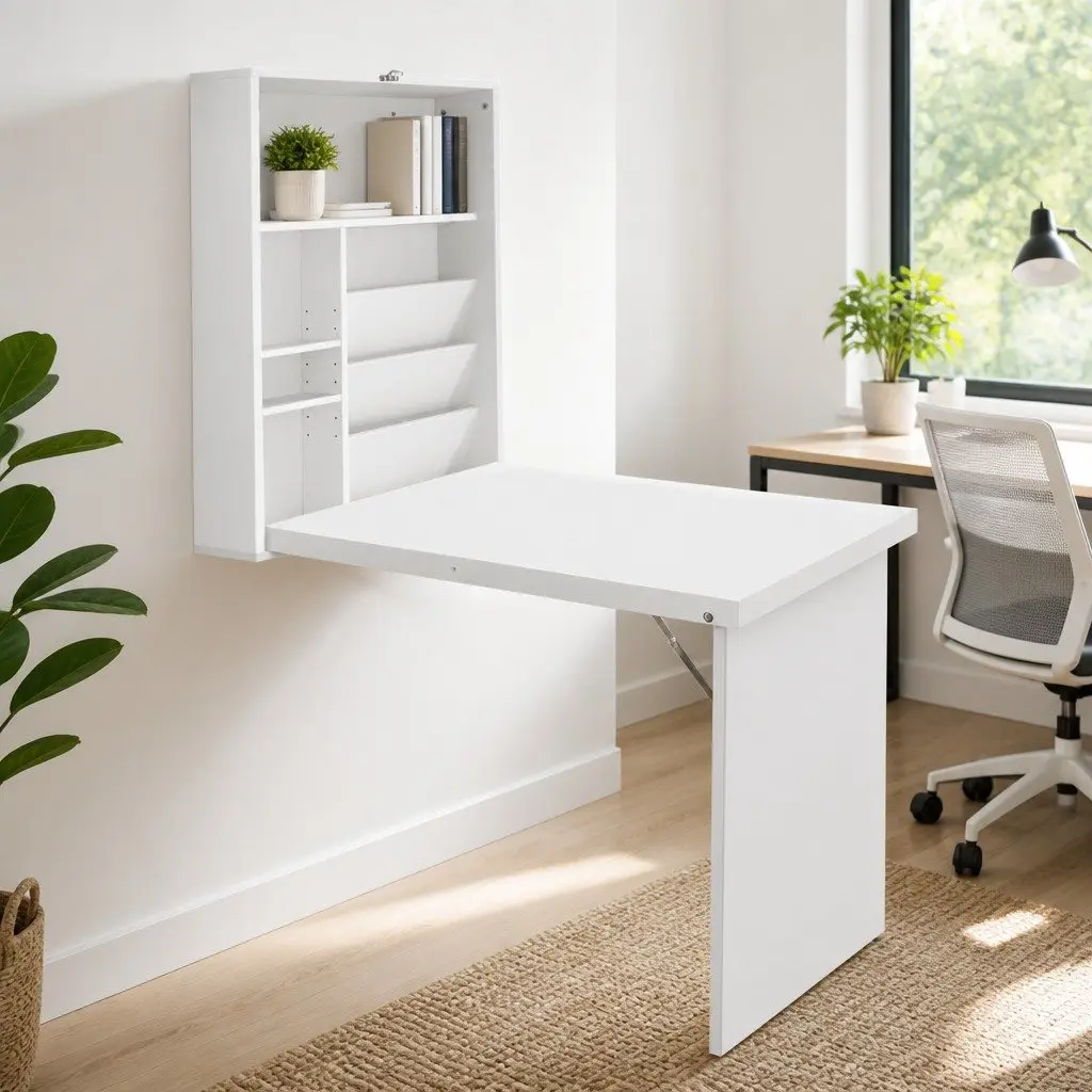 Foldable Computer Desk White Space Saving Wall Mount with Bookcase Storage
