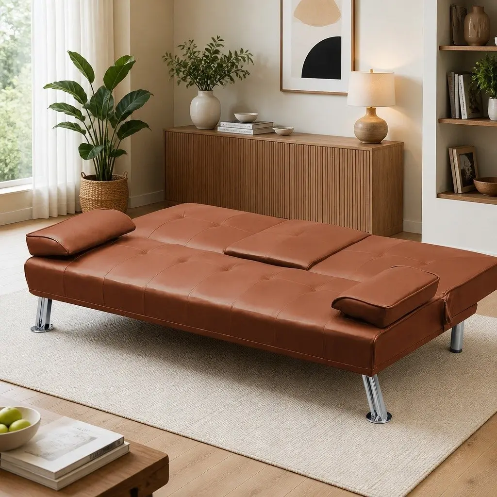 3-Seater Sofa Bed Brown Adjustable Recliner Foldable Middle Panel Cup Holder
