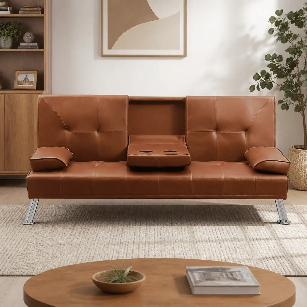 3-Seater Sofa Bed Brown Adjustable Recliner Foldable Middle Panel Cup Holder