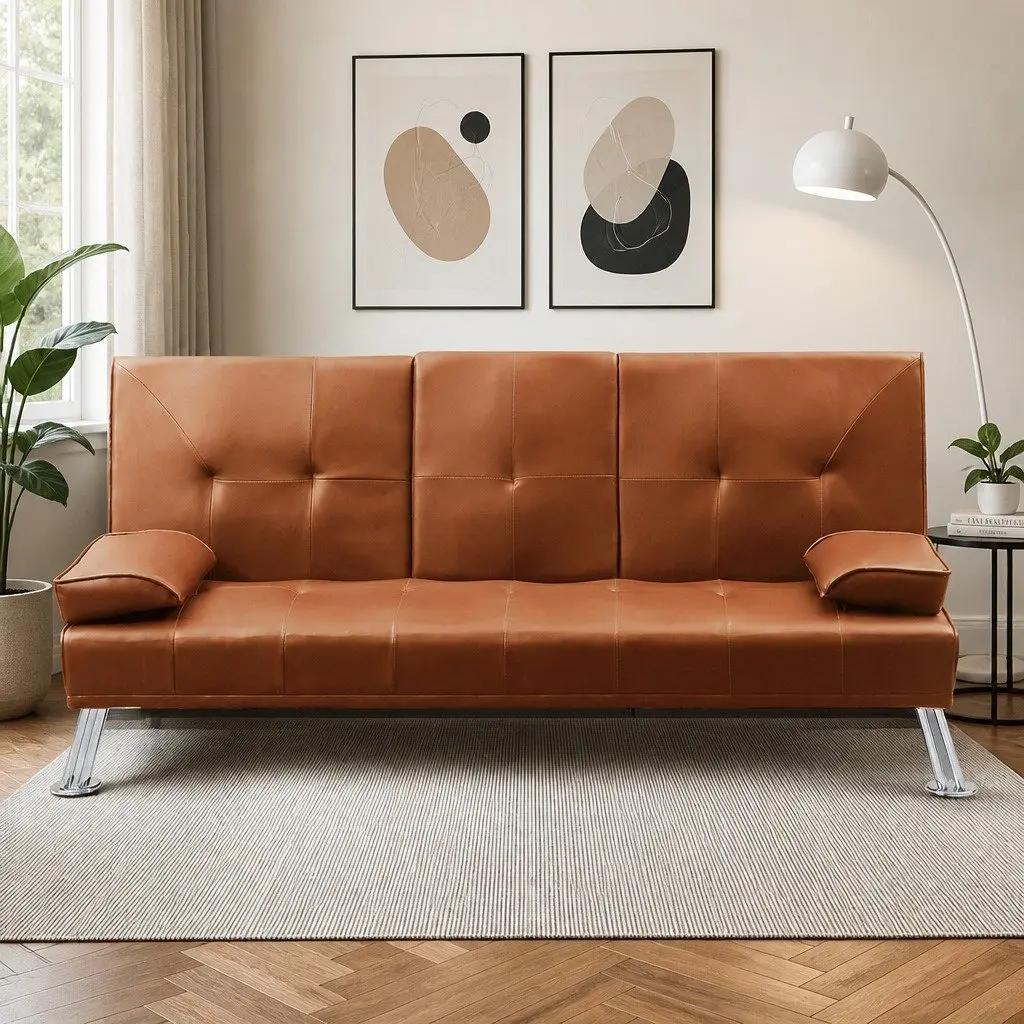 3-Seater Sofa Bed Brown Adjustable Recliner Foldable Middle Panel Cup Holder