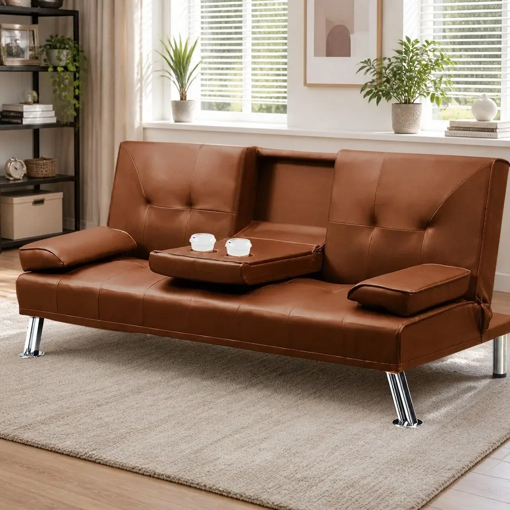 3-Seater Sofa Bed Brown Adjustable Recliner Foldable Middle Panel Cup Holder
