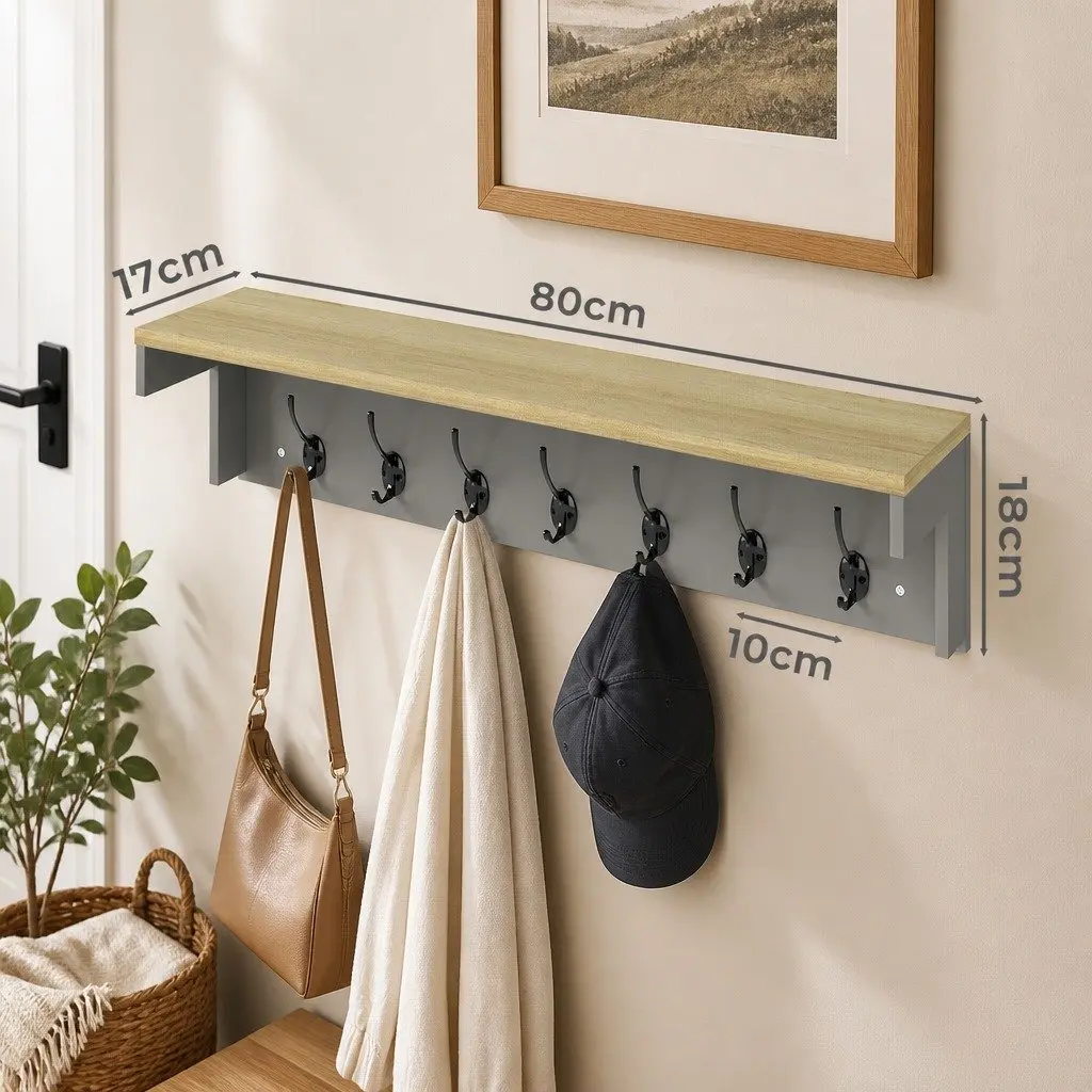 Wall Mounted Coat Rack Shelf with 7 Double Hooks Grey Oak Storage Hallway