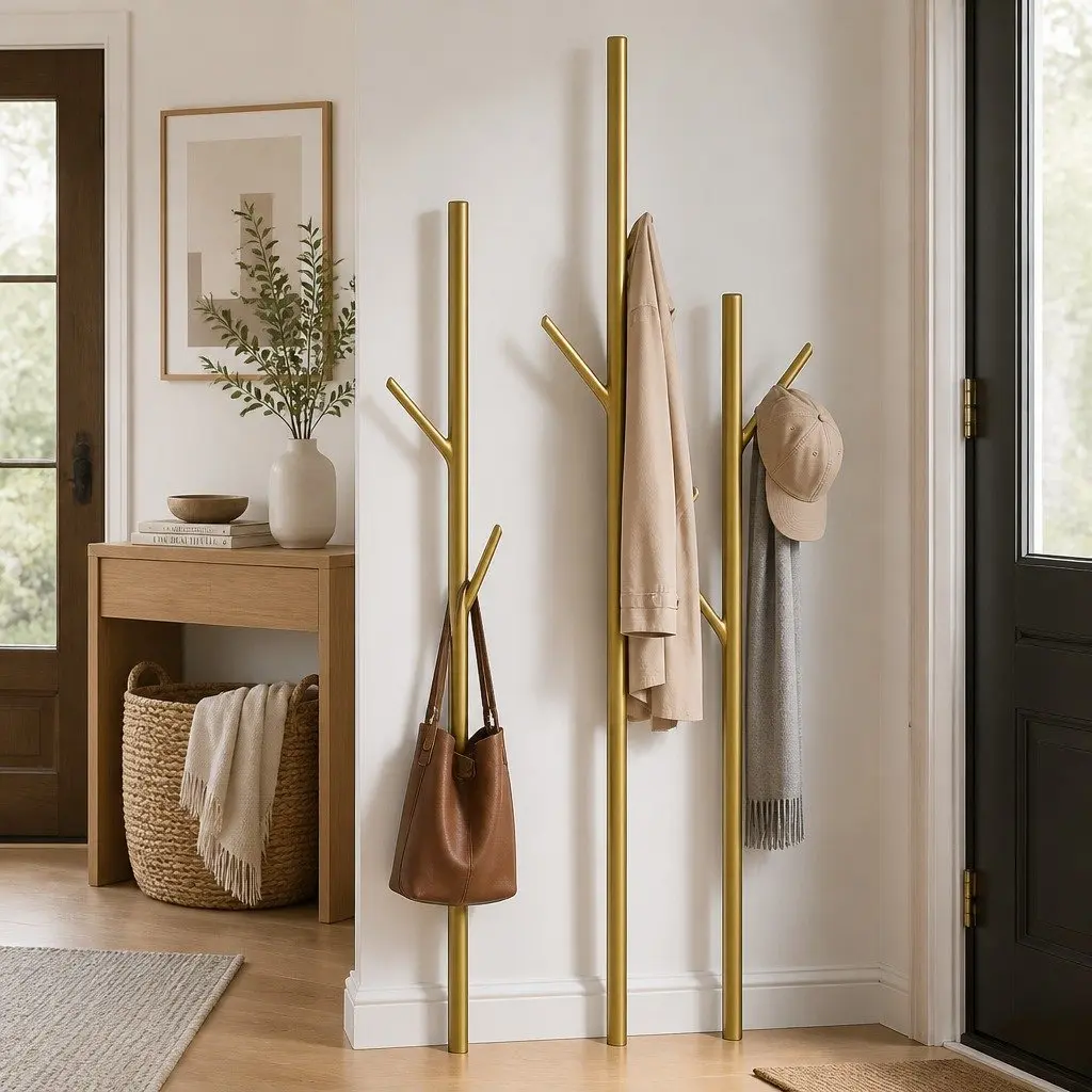 Coat Rack Clothes Stand 8 Hook Hall Tree Organizer with Shelves Gold Entryway