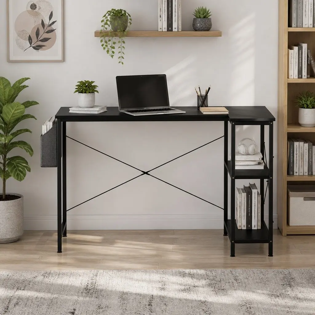 L Shaped Corner Desk Black Adjustable Legs Three Layer Storage Rack