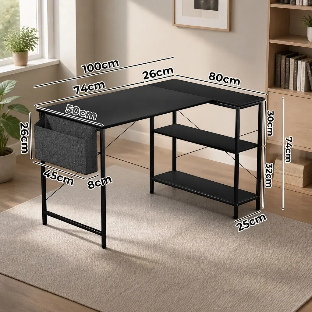 L Shaped Corner Desk Black Adjustable Legs Three Layer Storage Rack