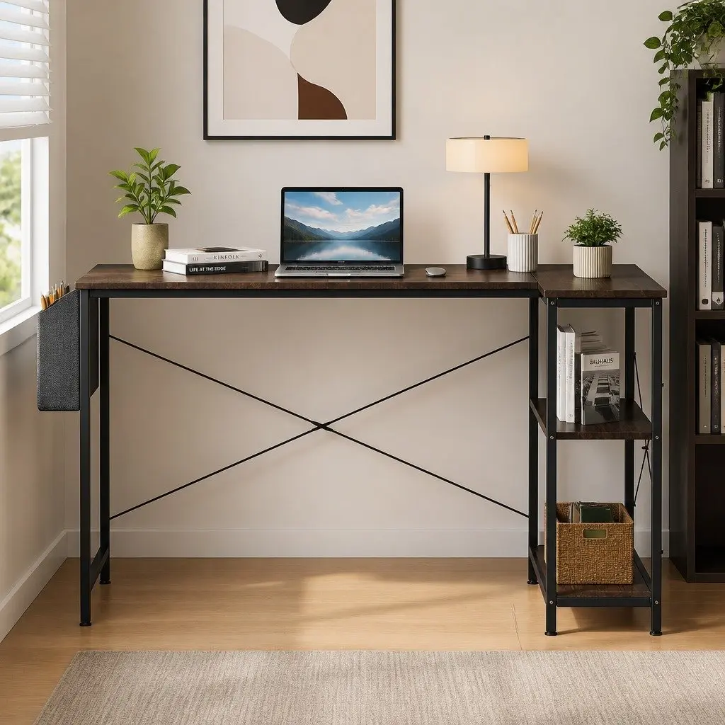 L Shaped Corner Desk Brown 120cm Reversible Storage Shelves