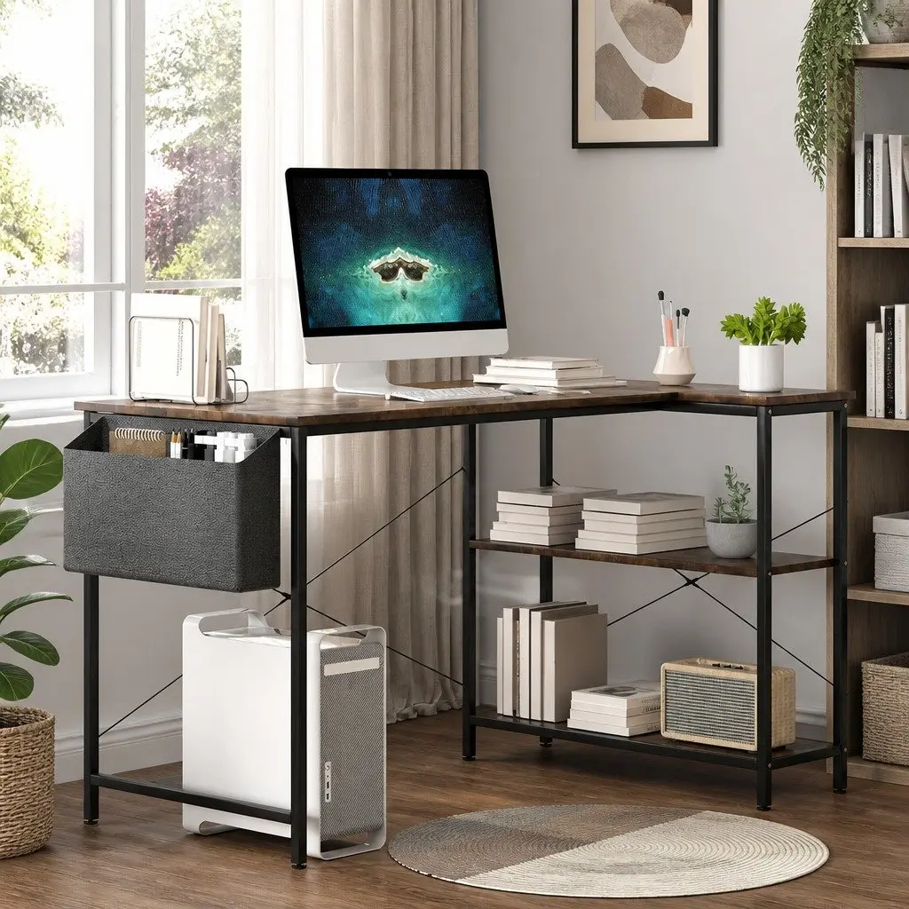 L Shaped Corner Desk Brown 120cm Reversible Storage Shelves
