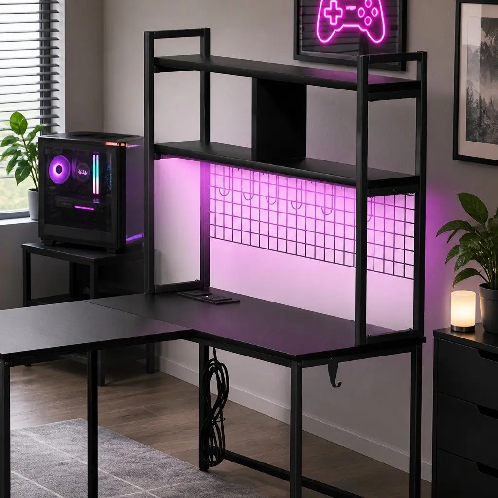 L Shaped Gaming Desk Black RGB LED Lights Storage Workstation Computer