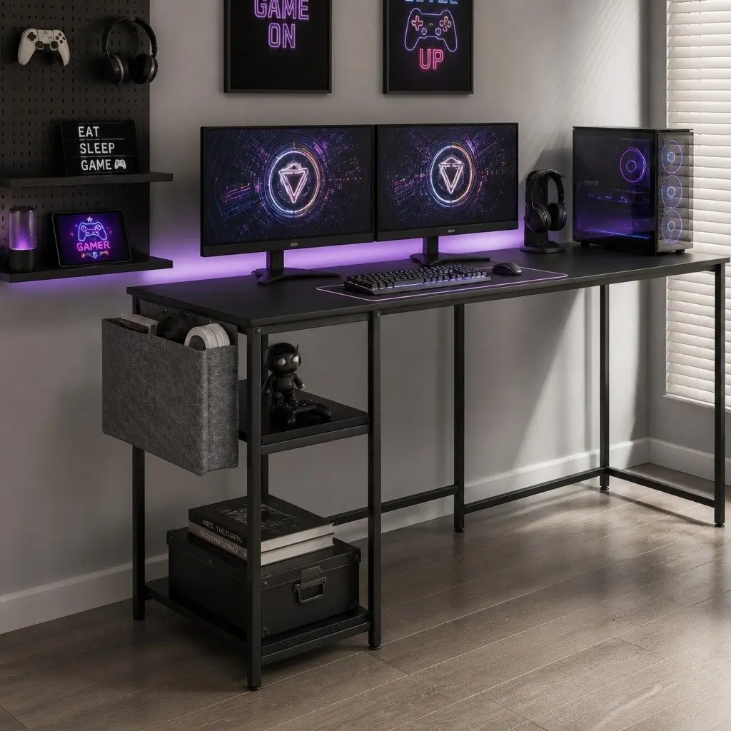 L Shaped Gaming Desk Black RGB LED Lights Storage Workstation Computer