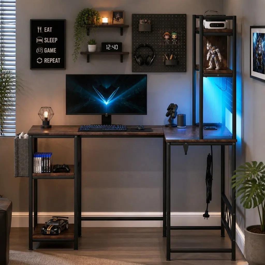 L Shaped Gaming Desk RGB LED Lights Industrial Style Computer Workstation Brown