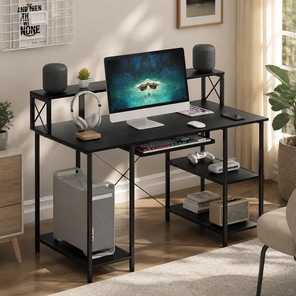 Office Desk Black Industrial Style Adjustable Height with Monitor Stand Pullout Keyboard Tray and Two Layer Shelving