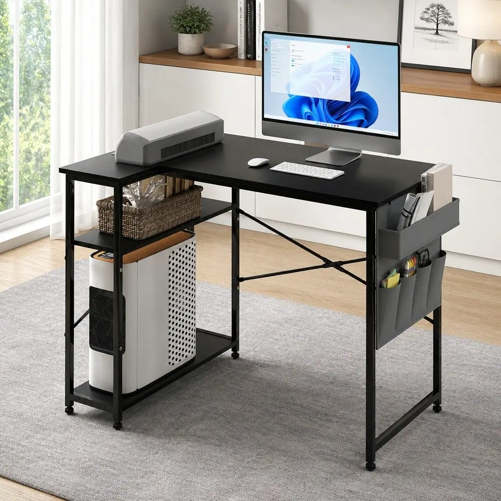 L-Shaped Gaming Desk Black 100cm Spacious Workstation with Storage Bag