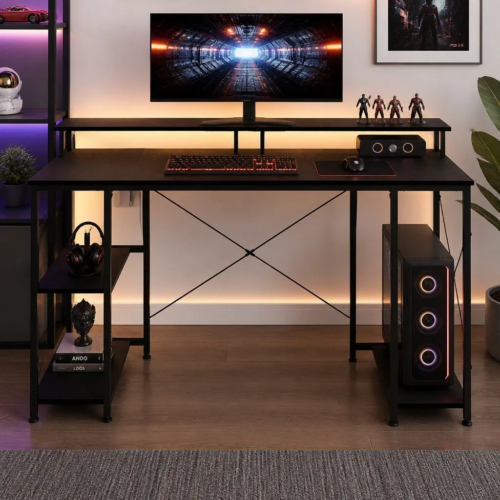 Gaming Desk Black 140cm Raised Monitor Stand RGB LED Lighting