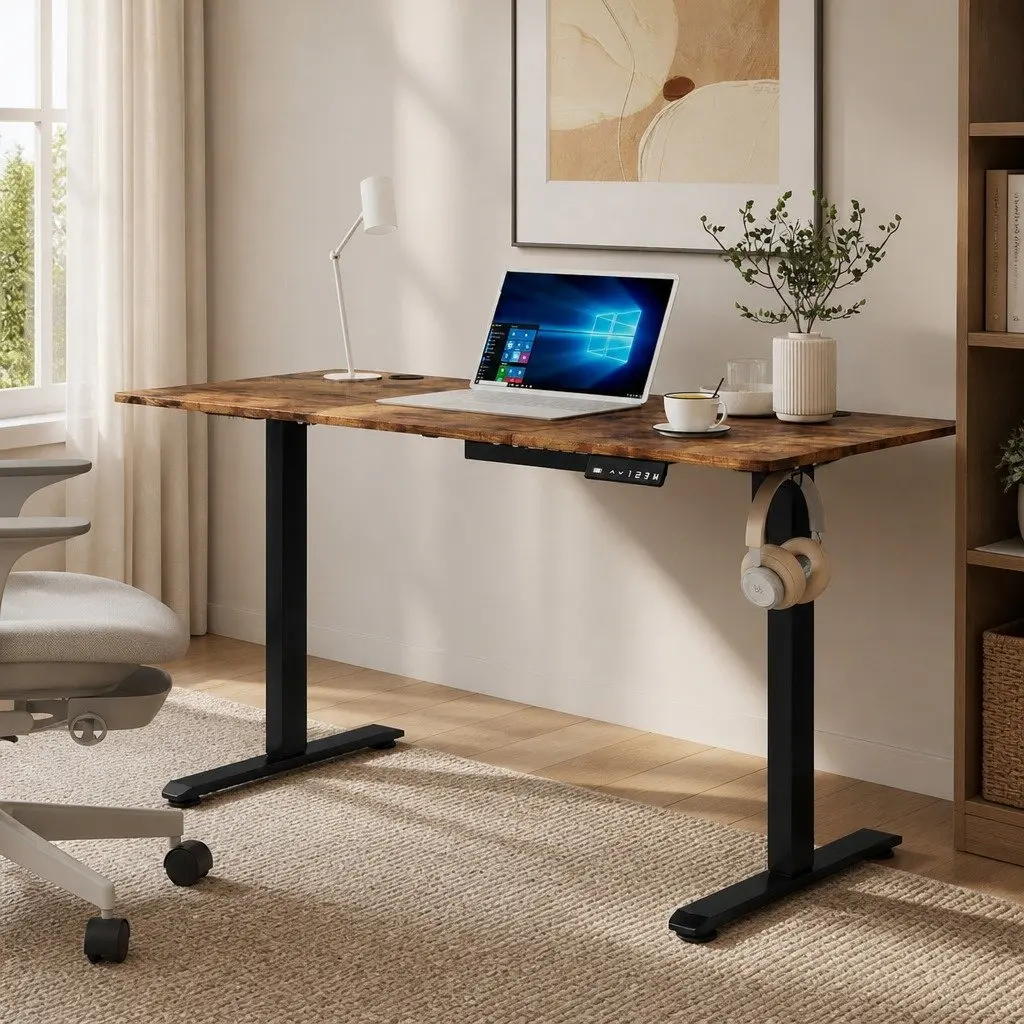 Electric Standing Desk Vintage Oak 140cm Height Adjustable Ergonomic Sit Stand Computer Desk