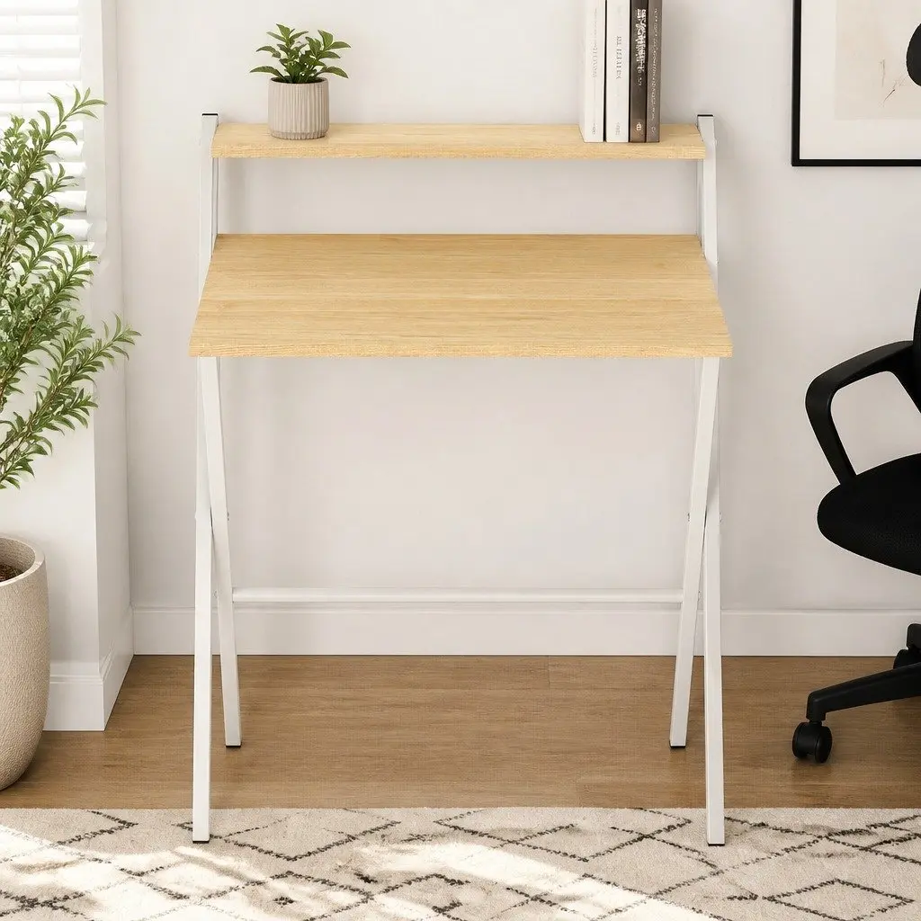 Foldable Computer Desk Oak White Portable Compact Study Desk with Monitor Shelf