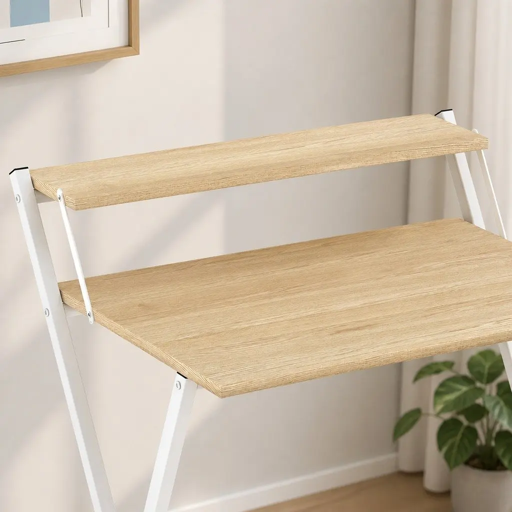 Foldable Computer Desk Oak White Portable Compact Study Desk with Monitor Shelf