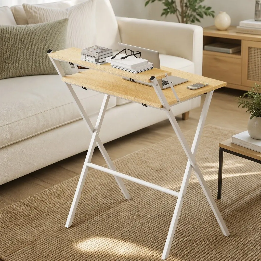 Foldable Computer Desk Oak White Portable Compact Study Desk with Monitor Shelf