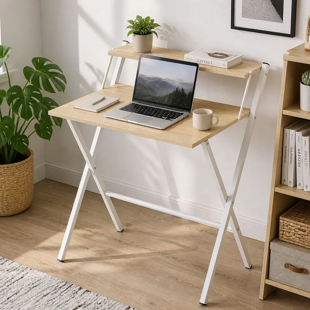 Foldable Computer Desk Oak White Portable Compact Study Desk with Monitor Shelf