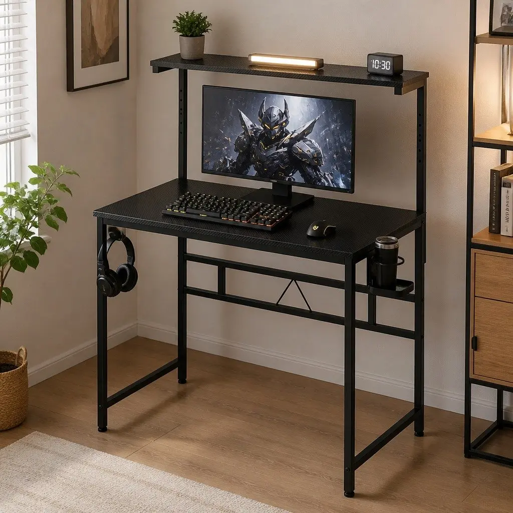 Gaming Computer Desk Black Adjustable Height Monitor Stand Storage Shelf Headphone Hook