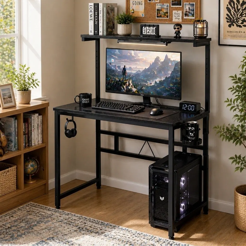 Gaming Computer Desk Black Adjustable Height Monitor Stand Storage Shelf Headphone Hook