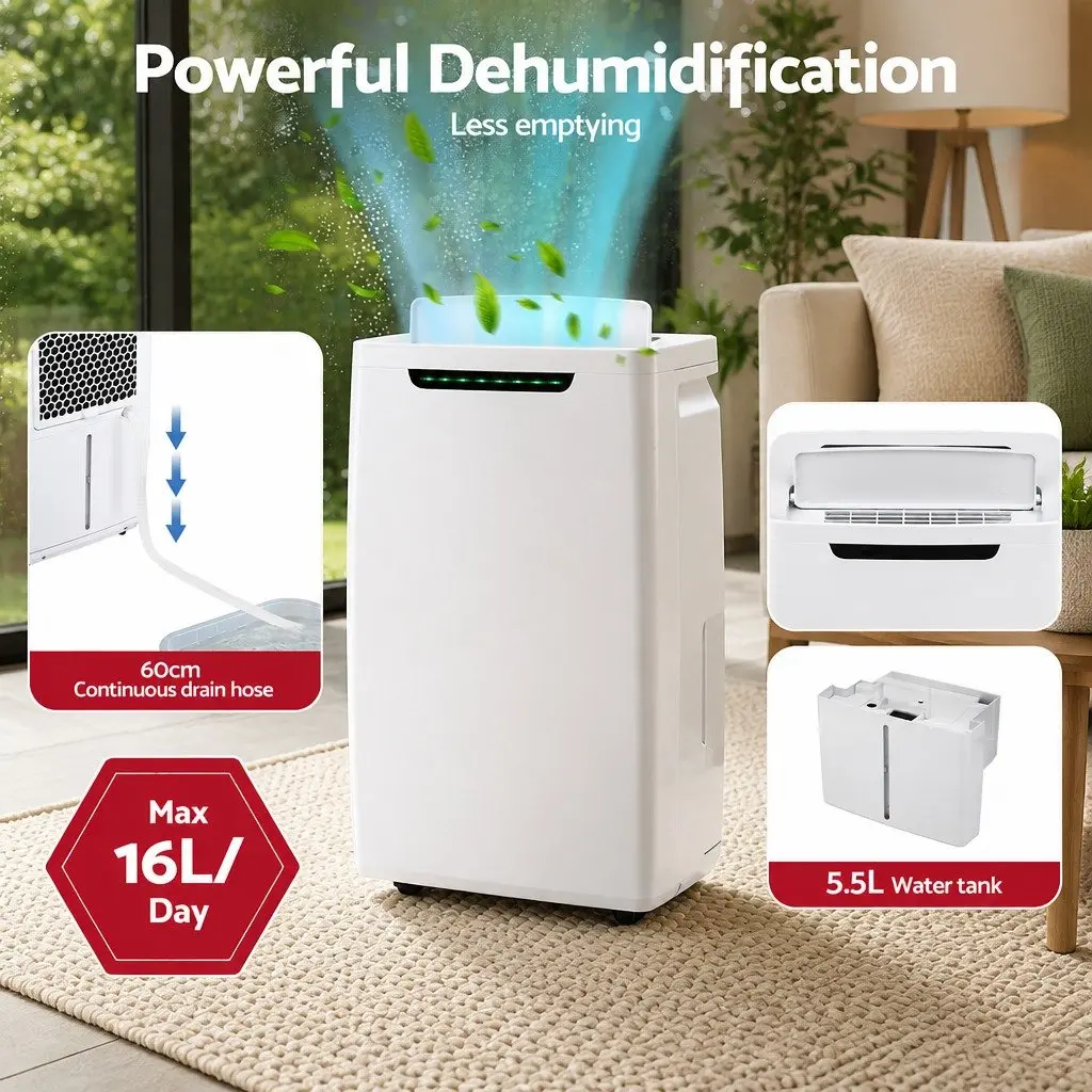 Dehumidifier White 5.5L Tank 16L/Day Portable Air Dryer with Fan and Clothes Drying Modes