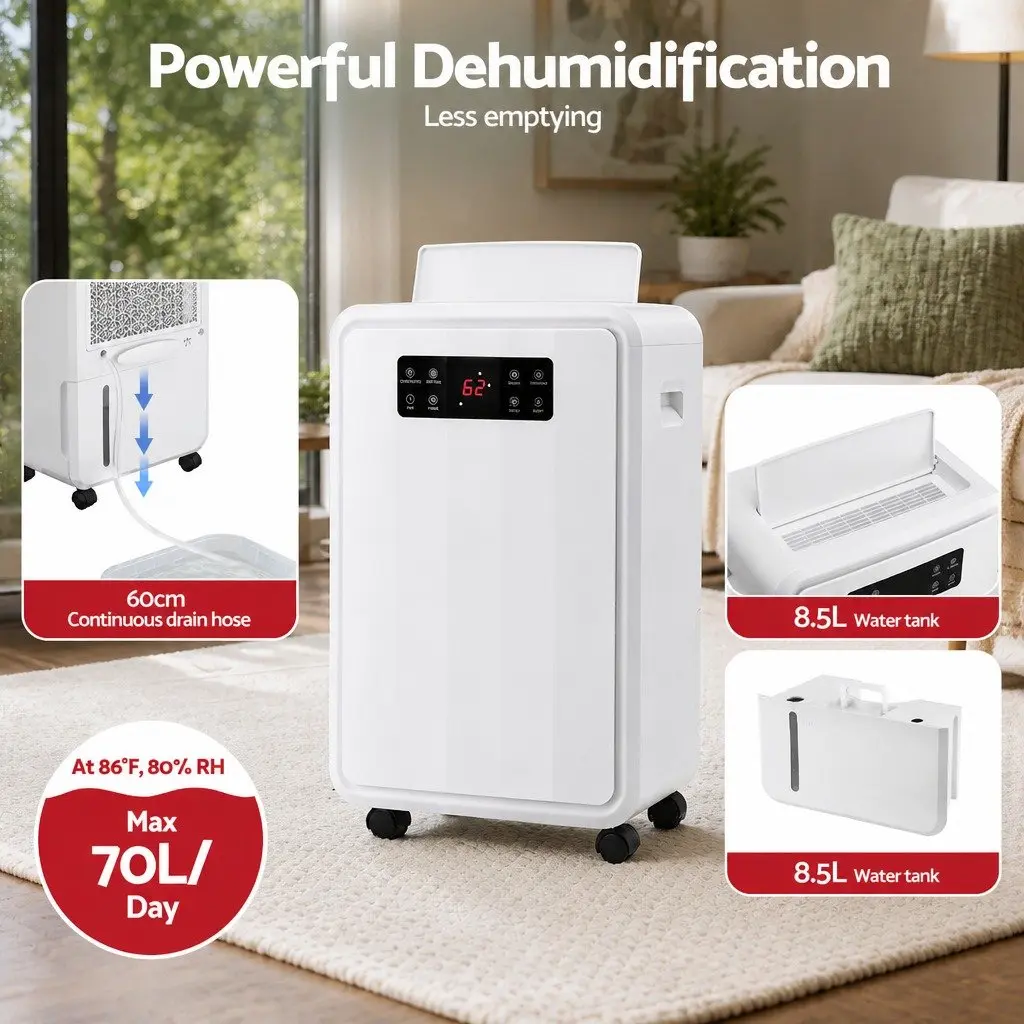 Dehumidifier White 70L/Day Large Space Moisture Absorber with 8.5L Water Tank and Continuous Drain Hose