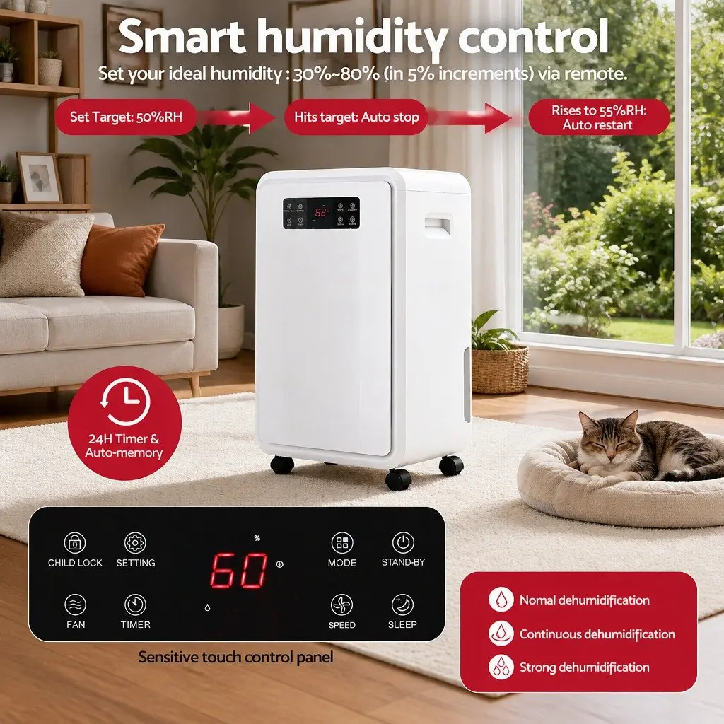 Dehumidifier White 70L/Day Large Space Moisture Absorber with 8.5L Water Tank and Continuous Drain Hose
