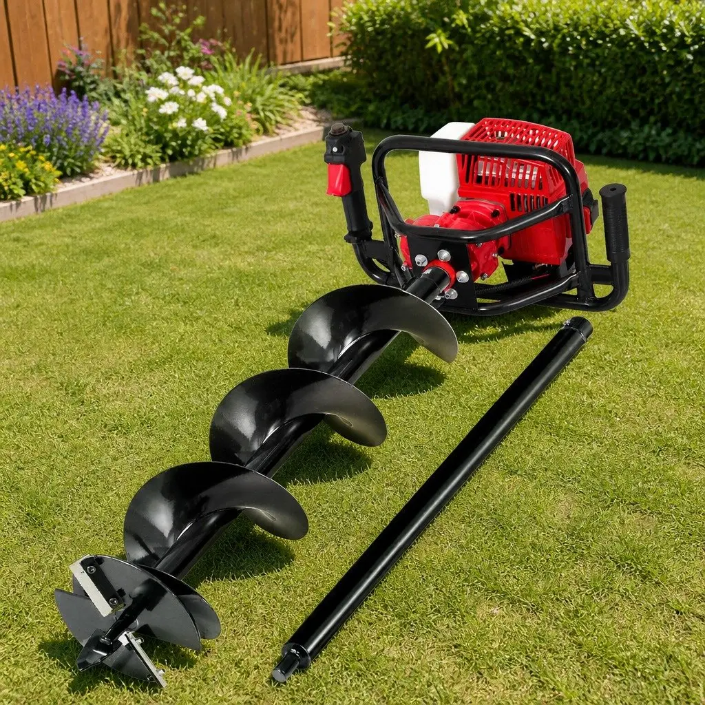 Post Hole Digger Red 63cc Petrol 200mm Auger Vertical Gearbox Deep Digging