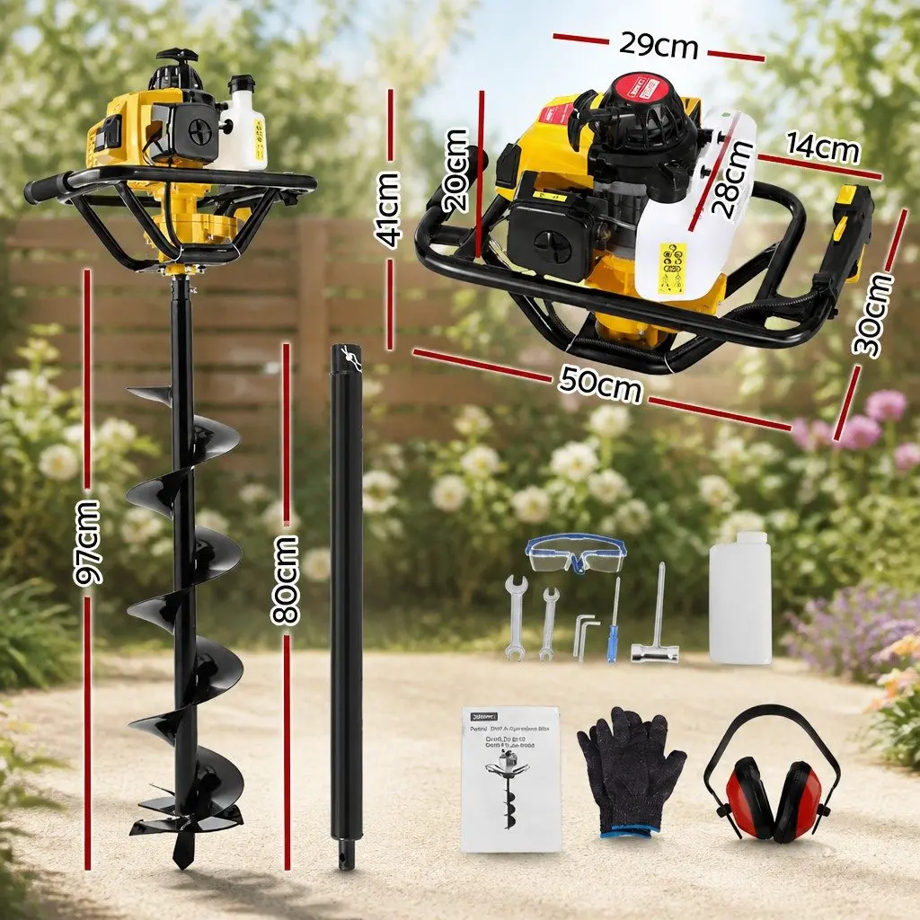 Post Hole Digger Black Yellow 200mm 63cc Petrol Powered Vertical Gearbox Anti-Vibration Handle