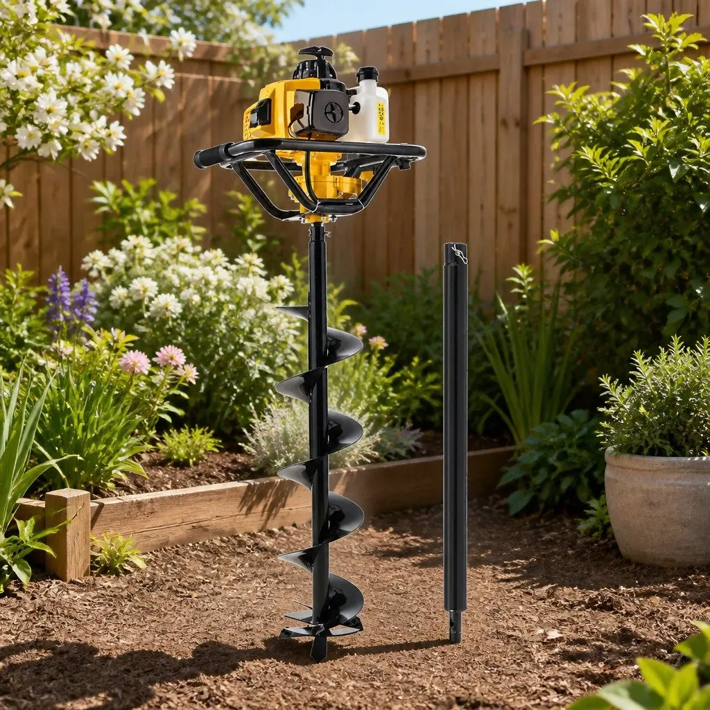 Post Hole Digger Black Yellow 200mm 63cc Petrol Powered Vertical Gearbox Anti-Vibration Handle