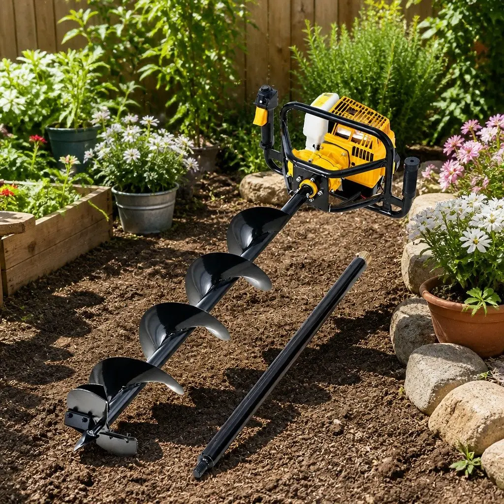 Post Hole Digger Black Yellow 200mm 63cc Petrol Powered Vertical Gearbox Anti-Vibration Handle