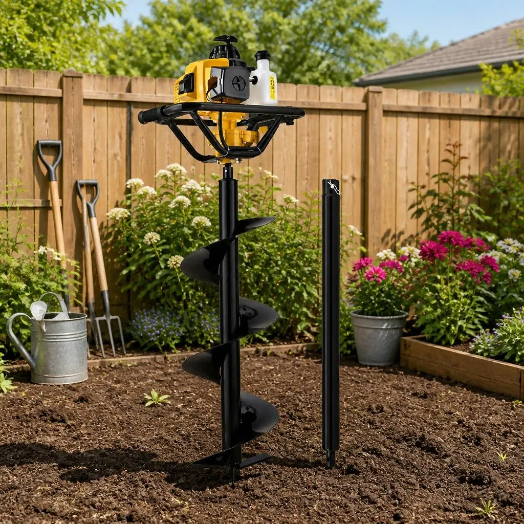 Post Hole Digger Black Yellow 300mm 63cc Petrol Auger Power Drill with Extension Bits
