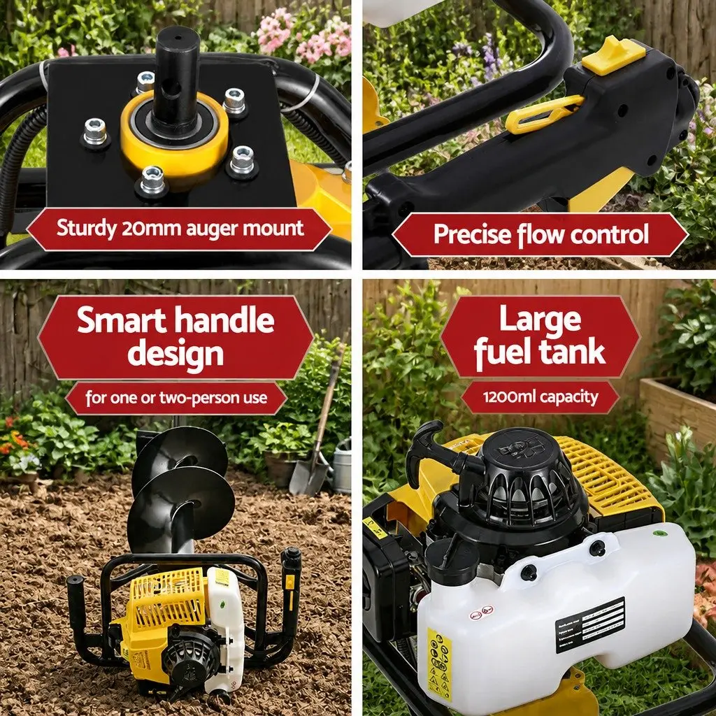 Post Hole Digger Black Yellow 300mm 63cc Petrol Auger Power Drill with Extension Bits
