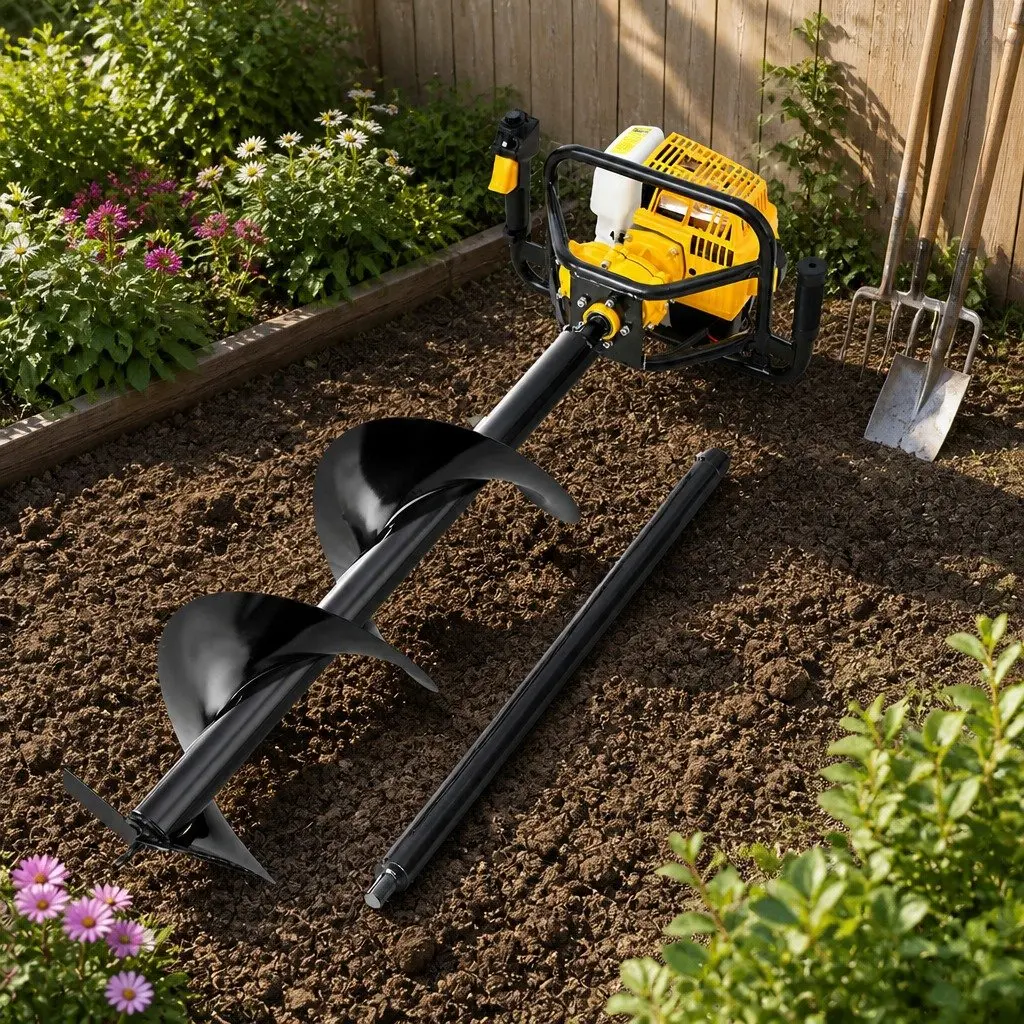 Post Hole Digger Black Yellow 300mm 63cc Petrol Auger Power Drill with Extension Bits
