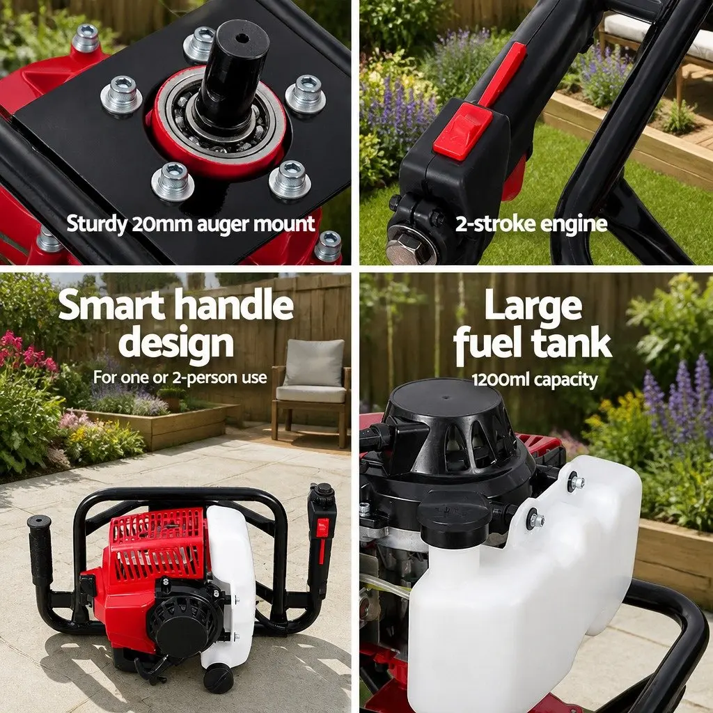 Post Hole Digger Red 63cc 2-Stroke Single Cylinder Air-Cooled Engine
