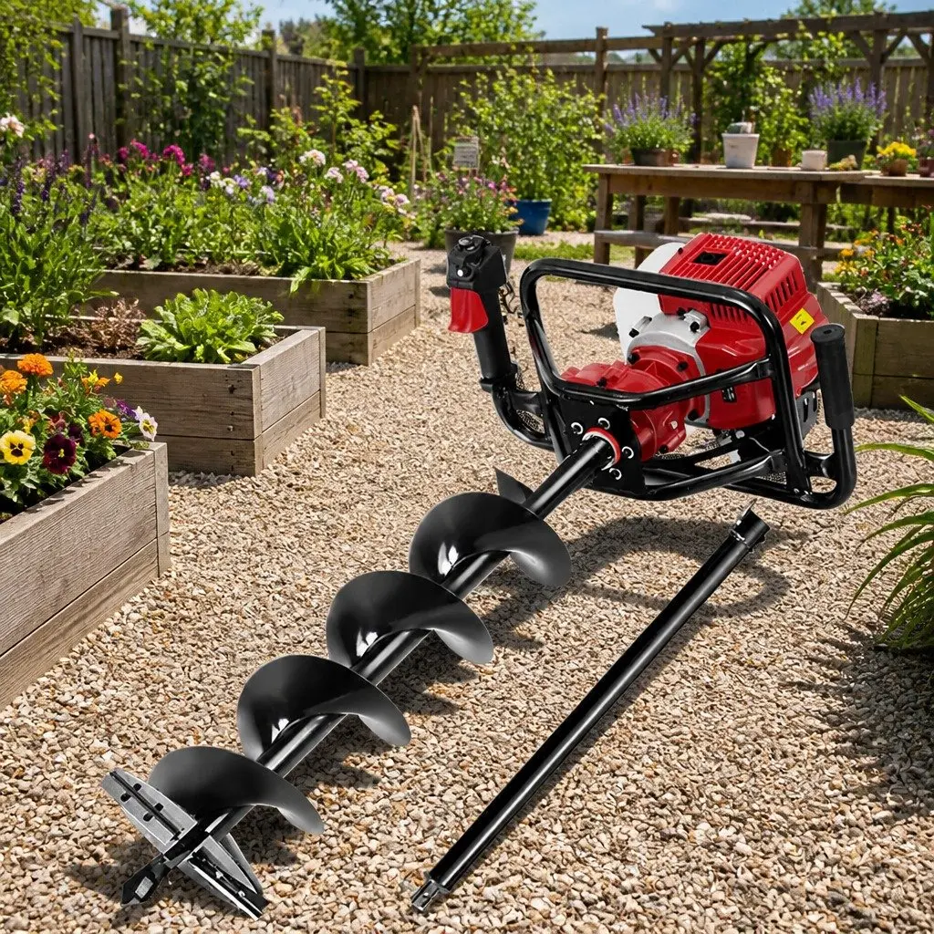 Post Hole Digger Red Black 65cc Petrol Auger Borer 200mm Heavy Duty Steel Construction
