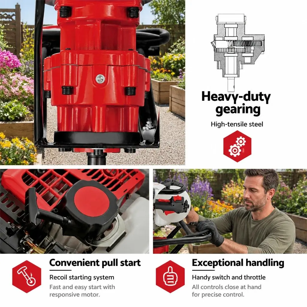 Post Hole Digger Red Black 65cc Petrol Auger Borer 200mm Heavy Duty Steel Construction
