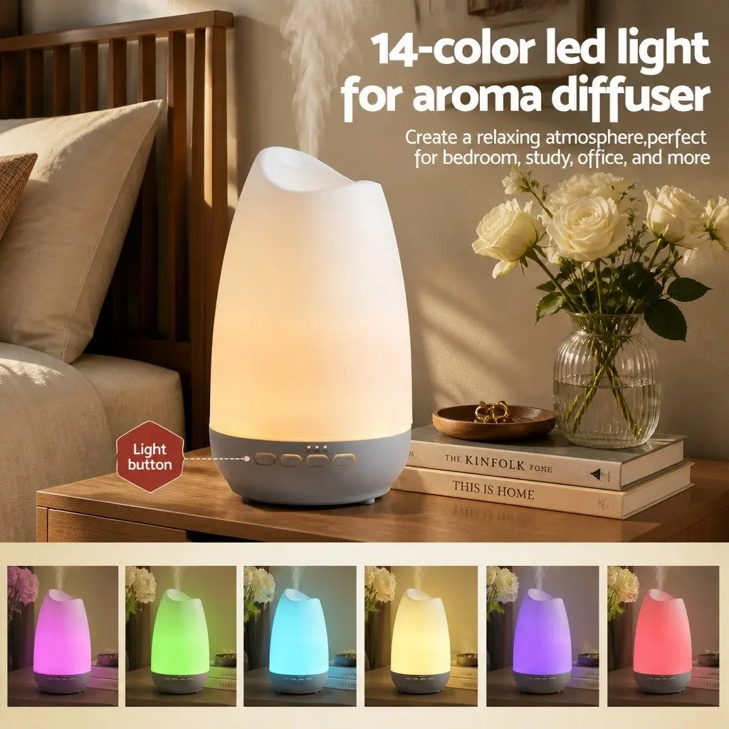 Aroma Diffuser Light Wood Grain and White 300ml Ultrasonic Cool Mist with 14 Colour LED Night Light