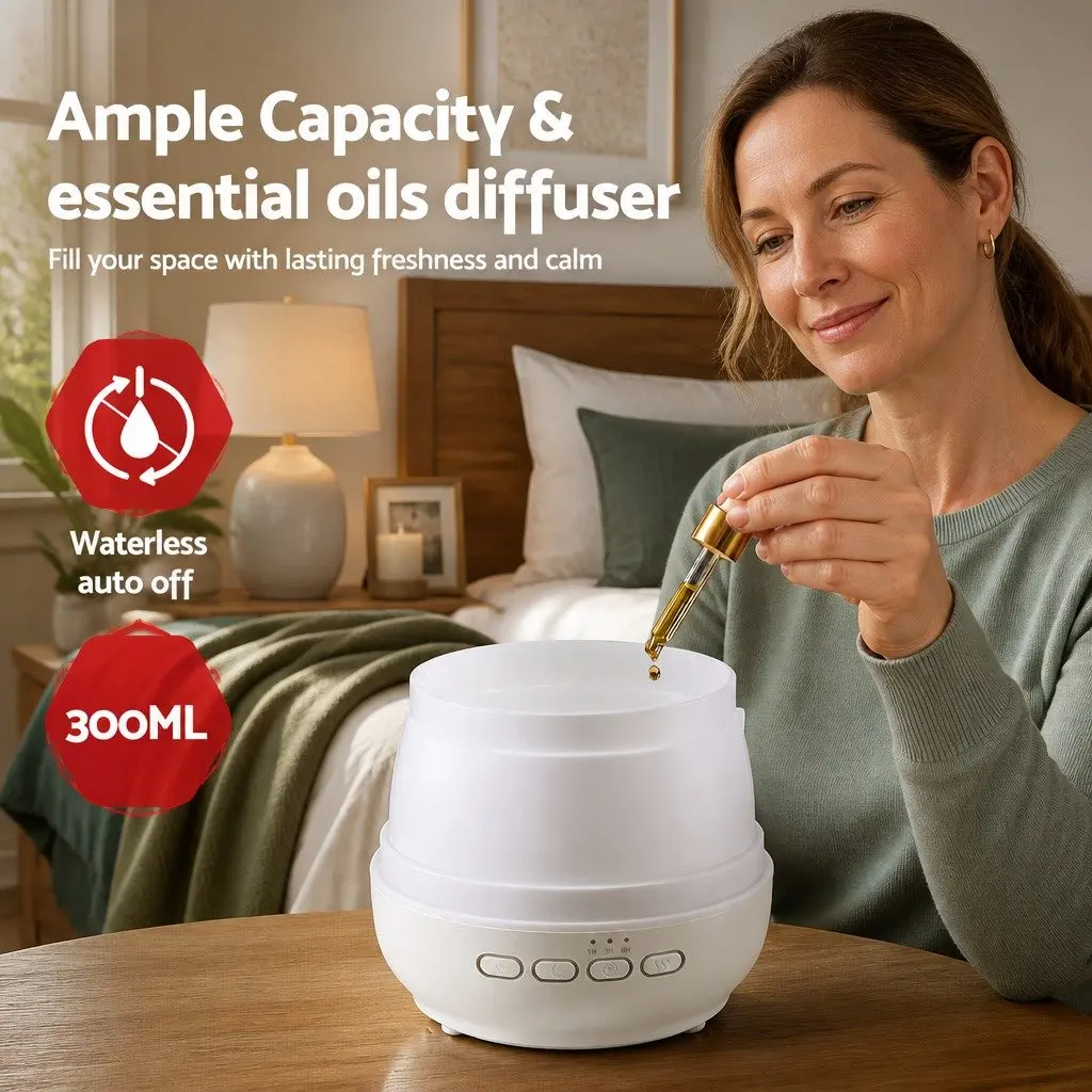 Aroma Diffuser Light Wood Grain and White 300ml Ultrasonic Cool Mist with 14 Colour LED Night Light